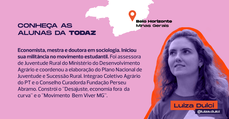 TodazP's tweet photo. Hoje vamos apresentar @luizadulci, nossa aluna de Belo Horizonte (MG) que já tem uma longa trajetória junto à juventude do campo, e na defesa das florestas e das águas 🌱💦✊🏼.

Luiza começou no movimento estudantil em 2009 (+) #AlunasDaTodaz https://t.co/uHpaCR8PeY