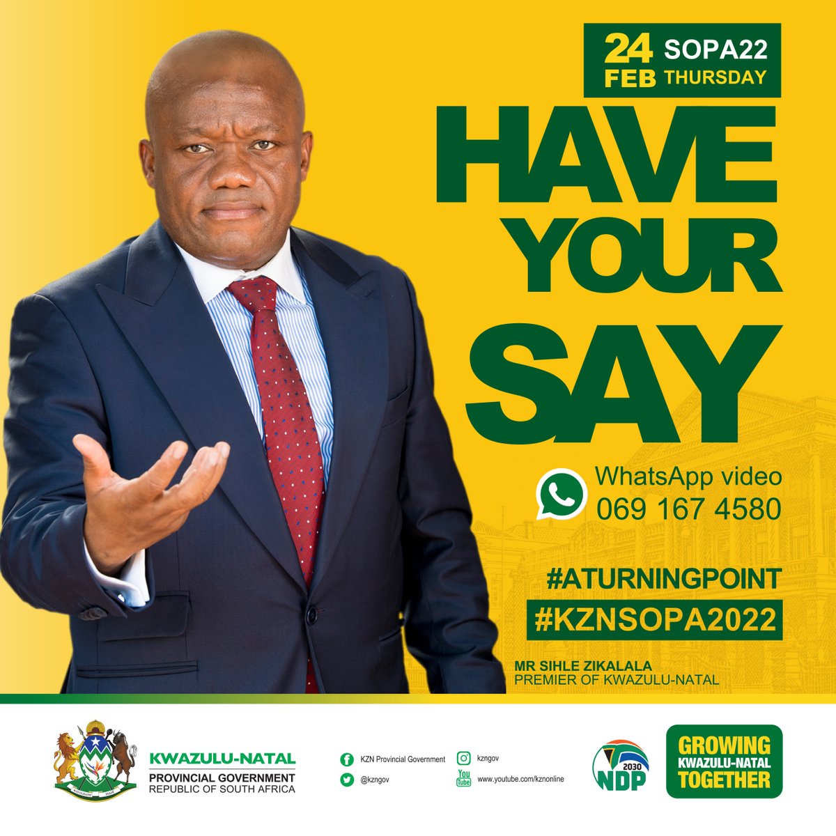 VumaFM's tweet photo. 24 February, KZN Premier @sziks
will deliver the State of the Province Address.
The Premier is expected to touch on the progress achieved & unveil the vision to grow KZN following the effects of Covid-19, July Civil unrests & plans for Job Creation.
#ATurningPoint #KZNSOPA2022 https://t.co/zXlEXOlrod