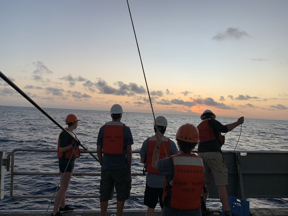 Our last OBEM recovery accompanied by a beautiful sunset ☀️

We deployed and recovered a total of 40 of these instruments over the course of a month. Congrats for finishing strong team! Time to transit back to San Diego🚢

<a href="/Scripps_Ocean/">Scripps Institution of Oceanography</a> <a href="/WHOI/">Woods Hole Oceanographic Institution (WHOI)</a> @UWOcean #NSF_funded #RVThompson