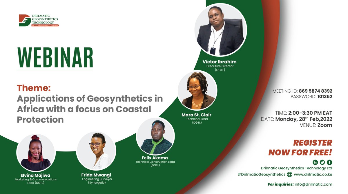 drilmatic's tweet photo. Are you interested in learning more about applications of geosynthetics in Africa?
Join our webinar on 28th Feb 2022 on zoom.

Click on the link below to register for the webinar:https://t.co/d6SCMgZA1P

#DrilmaticGeosynthetics #GeosyntheticsKE #CoastalProtection https://t.co/VXRf4cGwXS