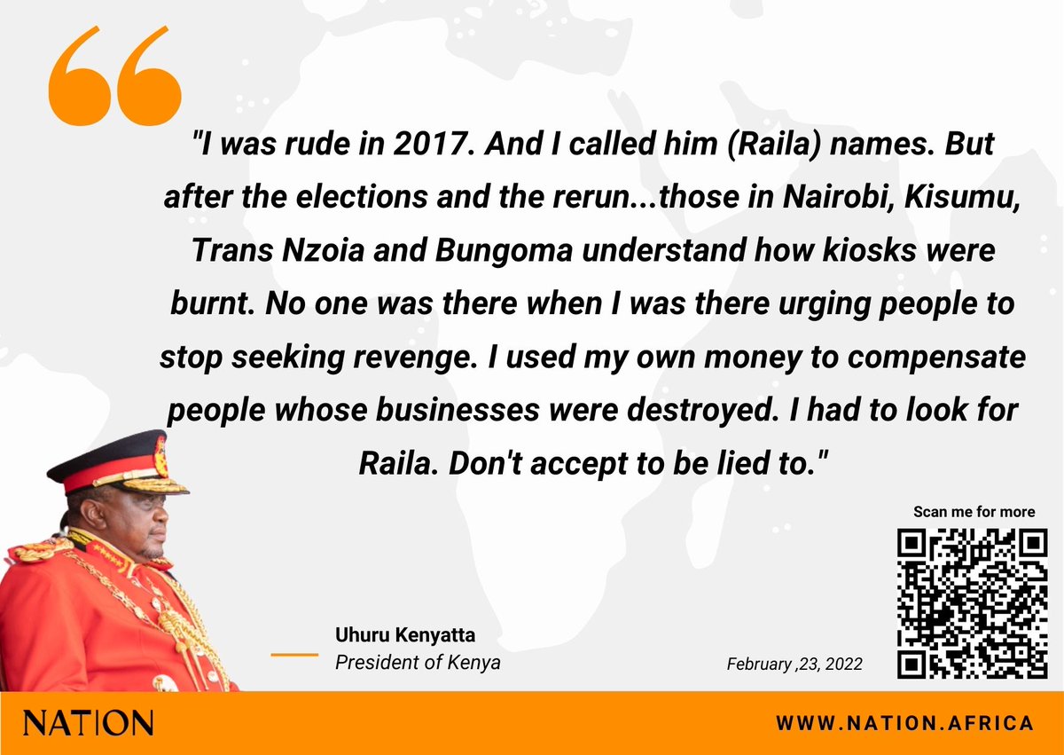 NationAfrica's tweet photo. 'I called him (Raila) names. But after the elections and the rerun...those in Nairobi, Kisumu, Trans Nzoia and Bungoma understand how kiosks were burnt. I used my own money to compensate people whose business were destroyed.' ~ President Uhuru Kenyatta https://t.co/w4bv4vNKdr