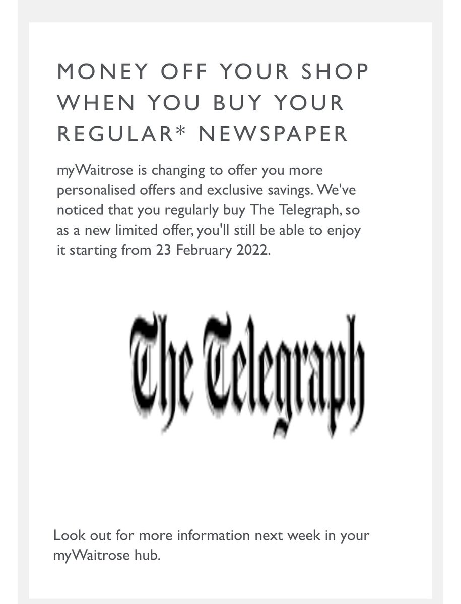 π»π» Baroness Baum π»π» (@baronessbaum) on Twitter photo Two weeks ago much hoo-ha that <a href="/waitrose/">Waitrose & Partners</a> was dropping its free newspaper. This week an email says that from 23 February I get money off if I buy my paper. Today I spend a small fortune, picked up my newspaper but NO money off. Not a great start to the #mywaitrose relaunch! Two weeks ago much hoo-ha that <a href="/waitrose/">Waitrose & Partners</a> was dropping its free newspaper. This week an email says that from 23 February I get money off if I buy my paper. Today I spend a small fortune, picked up my newspaper but NO money off. Not a great start to the #mywaitrose relaunch!