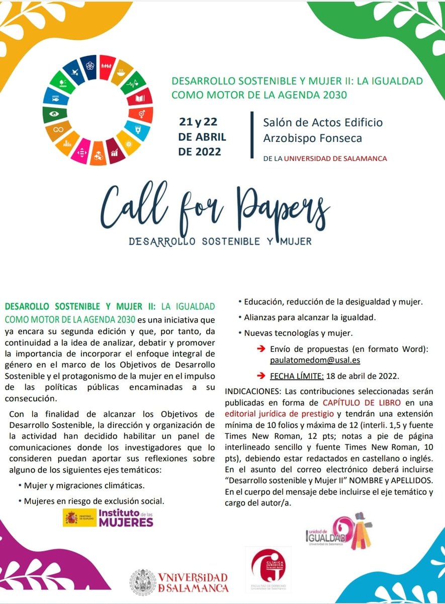 📌¡Nuevo evento!

🟣 Desarrollo sostenible y Mujer II: la igualdad como motor de la Agenda 2030 

🗓️21 y 22 de abril

Call for papers ➡️ 18 abril 

Próximamente, más información.

<a href="/clinicaJASUsal/">ClínicaJurídica USAL</a> <a href="/usal/">Universidad de Salamanca</a> <a href="/InstMujeres/">Instituto de las Mujeres</a> <a href="/IgualdadUSAL/">Unidad de Igualdad</a>