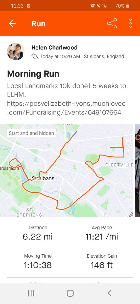 HCharlwood's tweet photo. Delayed St Albans Local Landmarks 10k done (glad I waited for the storms to pass) and the medal was waiting for me when I got home. On to the London Landmarks half now! #runningforPosy #lcl10k @LLHalf @MeningitisNow https://t.co/cLEPC9hU2e https://t.co/RNjcjDJUdG