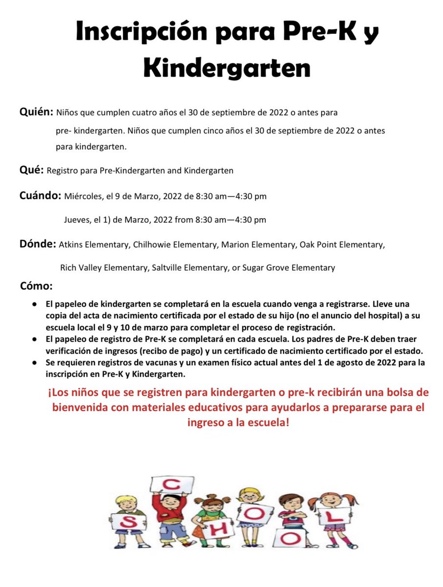 MMS_Rocks1's tweet photo. Smyth County Schools will be having PreK and Kindergarten registration on March 9, 2022 and March 10, 2022 from 8:30 a.m. - 4:30 p.m. each day.  Please see the attached file for locations and the required documentation. https://t.co/Bo9tsBmwfn
