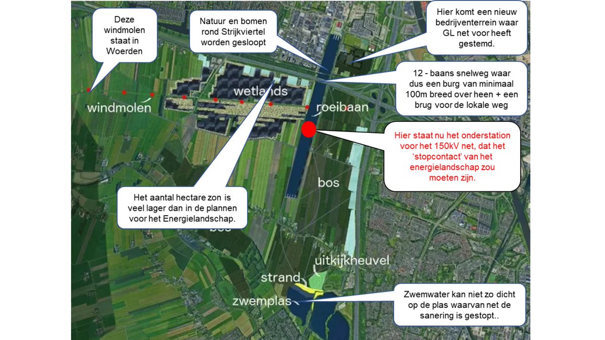 Ik heb wel wat opmerkingen bij het #Rijnenburg plan dat GL Utrecht vandaag presenteerde. Ik heb ze even op de kaart gezet in onderstaande afbeelding. Naast 9 windmolens en geen woningen, sloopt dit plan ook nog het 'stopcontact' (het 150KV station #Oudenrijn).