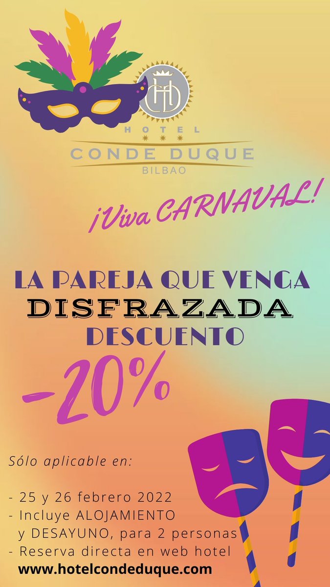 ¿Y lo tienes todo preparado para #Carnaval2022 ? Porque ya sabes que si venis #disfrazados teneis directamente un #descuento del 20% en la factura. Asi de fácil, mira mas detalles y haz tu reserva directa ahora hotelcondeduque.com/blog/
#hotel #condeduque #Bilbao