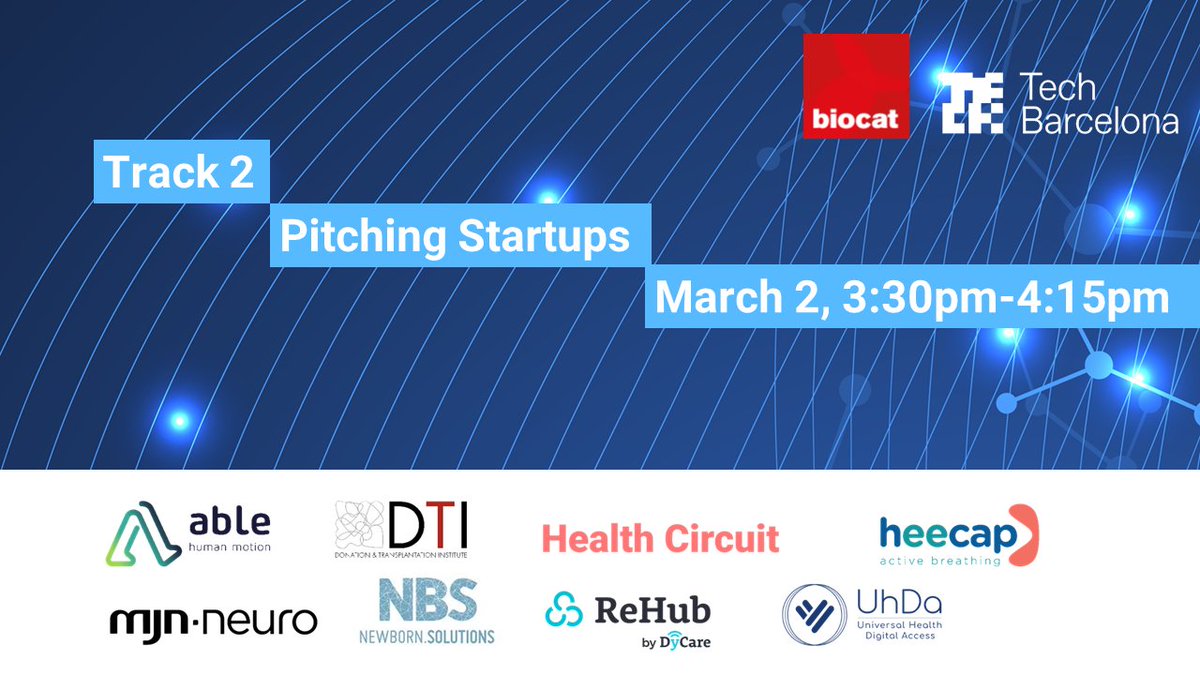 biocat_en's tweet photo. The second track, from 3:30pm to 4:15pm, will have the participation of the #startups below:

✅ @AbleHumanMotion 
✅ @DTI_Foundation
✅ @HealthCircuit
✅ #Heecap
✅ @mjnneuro
✅ @newbsolutions
✅ #Rehub by @DyCareSolutions
✅ #UhDa

👉 Don't miss it! https://t.co/RstJZVXARb https://t.co/fbayGwIm8T