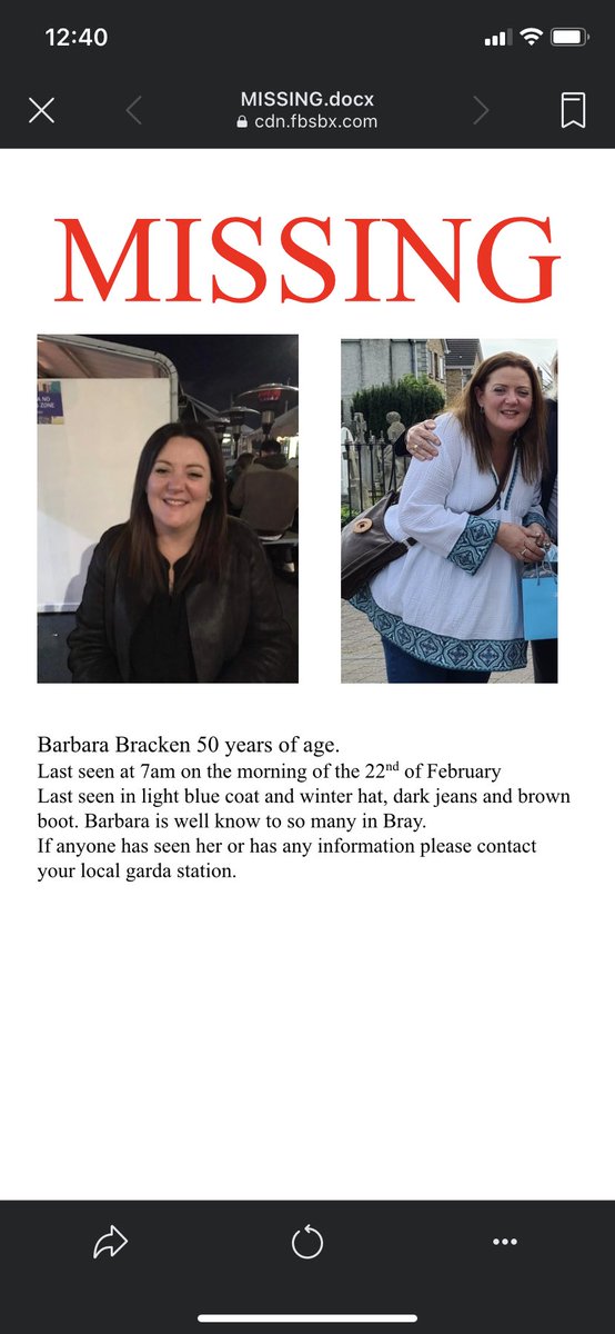My cousin Barbara has been missing since the early hours of Tuesday morning, last seen on CCTV heading towards Bray Sea Front, if anybody has seen anything or any information can you please contact your local garda station. Please share