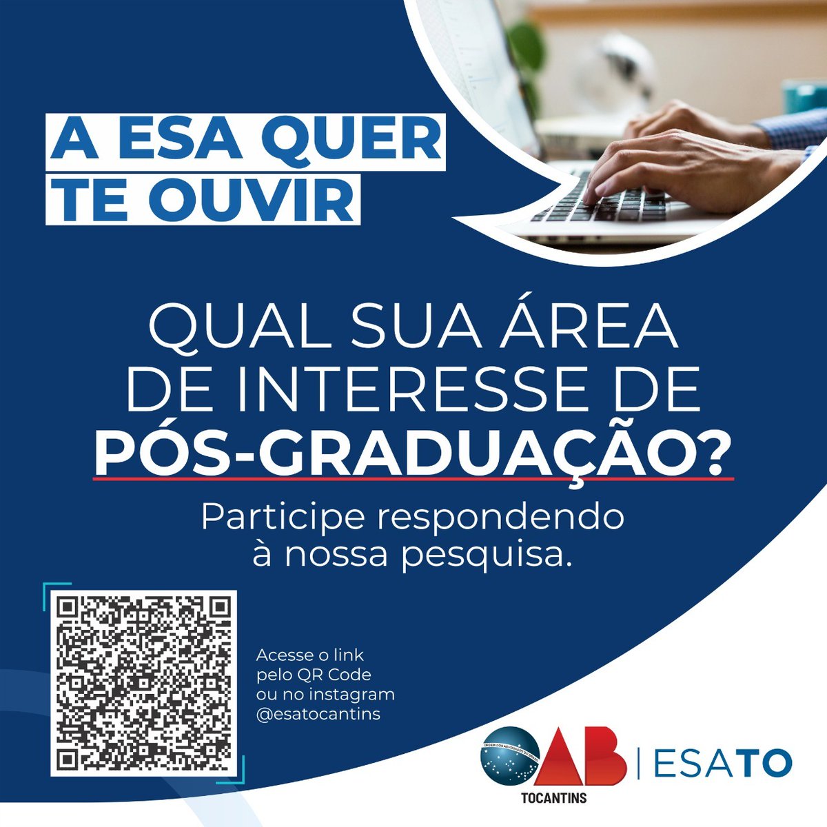 🔎Com a missão de uma gestão participativa e para melhor atender o interesse da advocacia tocantinense,a ESA pesquisa junto à classe,qual área de pós-graduação mais lhe interessa. 

👉🏻Participe!
bit.ly/35eS1KN

📩esasecretaria@oabto.org.br
☎️(63) 3212-9625 / 99227-0568