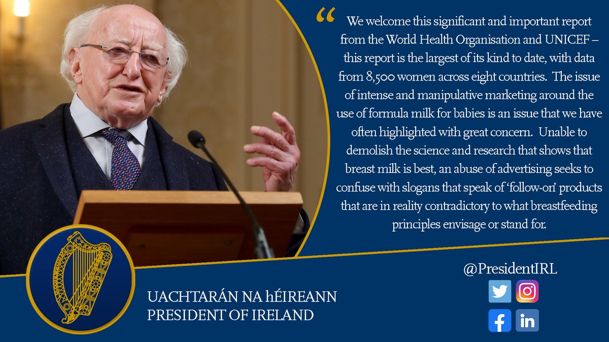 PresidentIRL's tweet photo. President and Sabina Higgins have welcomed a seminal new report into how marketing influences decisions on infant formula, launched today by @DrTedros, Director-General of the @WHO and @UNICEF and partners.
Full Joint Statement: https://t.co/kDgpyKeCtB https://t.co/xDNiqqNNVm