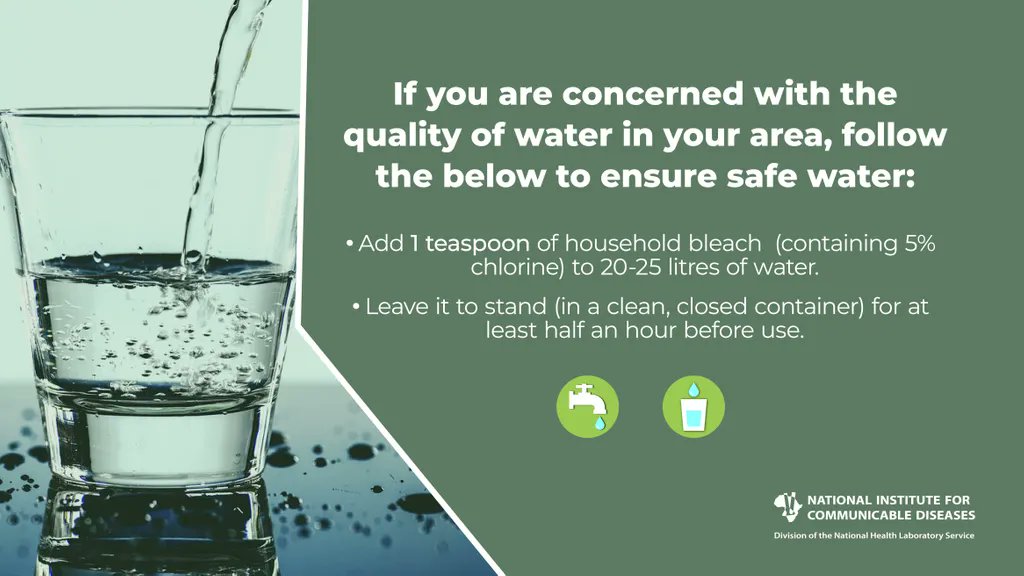 nicd_sa's tweet photo. If you are concerned with the quality of water in your area, follow the below to ensure safe water: 
1. Add 1 teaspoon of household bleach (containing 5% chlorine) to 20-25 litres of water. 
2. Leave it to stand (in a clean, closed container) for at least half an hour before use https://t.co/TIaph0eYSZ