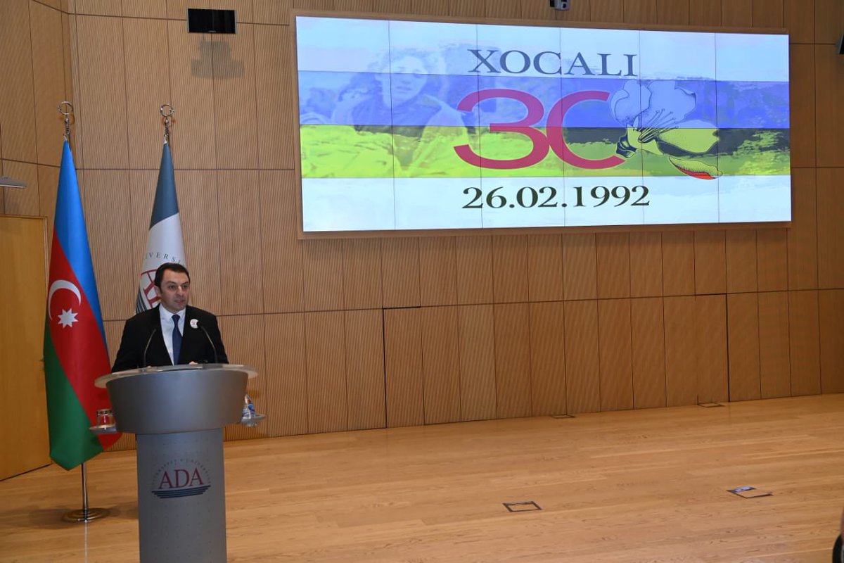 AzerbaijanMFA's tweet photo. XİN &amp; ADA Universitetinin təşkilatçılığı, 🇦🇿 ali təhsil ocaqlarından tələbələr, @AzDiplomacy könüllülərin iştirakı ilə #Xocalı soyqırımının 30-cu ildönümünə həsr edilən konfrans keçirildi.

Conference dedicated to the 30th Anniversary of #Khojaly Genocide was held @ADAUniversity. https://t.co/UjHOGFMceQ