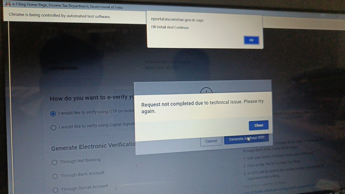 VishalNareda's tweet photo. @IncomeTaxIndia @nsitharamanoffc @officeofPCM @FinMinIndia @PIB_India This error is showing from last 2 days while trying to generate aadhar OTP... https://t.co/2jCVVUsLm5