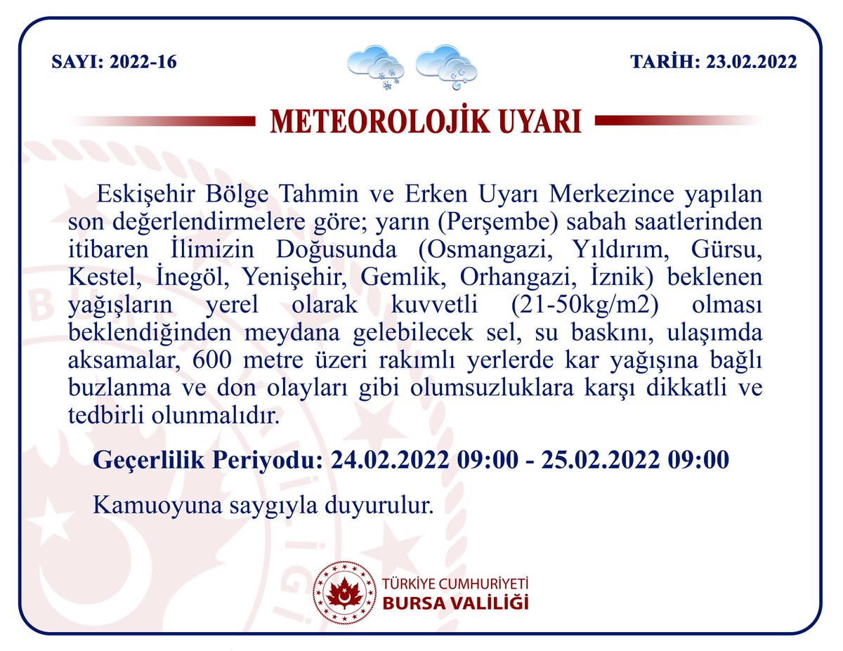 Meteorolojik Uyarı (2022-16)❄️🌧️☔️