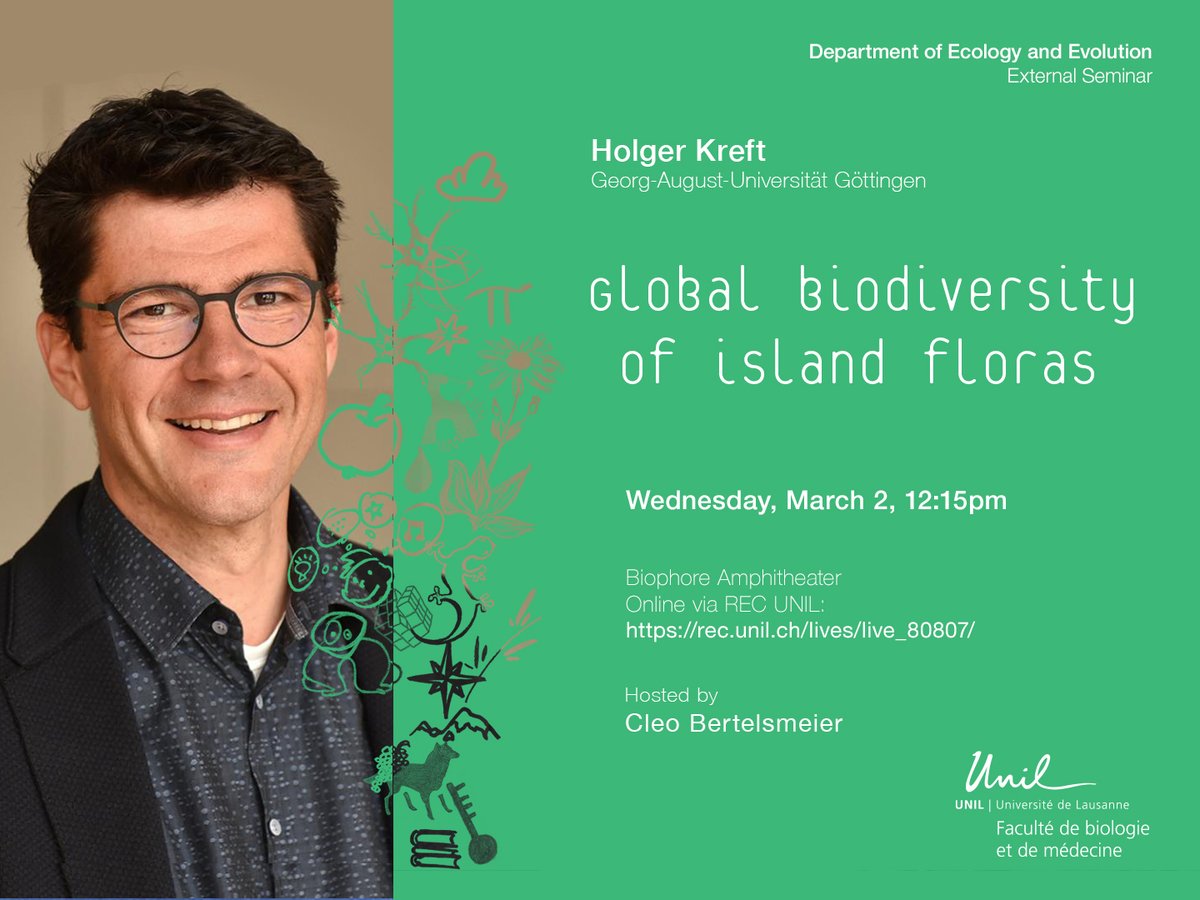 DEE UNIL (@dee_unil) on Twitter photo For our upcoming DEE External Seminar, Holger Kreft <a href="/BioGeoKreft/">Holger Kreft</a> will give a talk on global biodiversity of island floras 🏝️🌿. Hosted by Cleo Bertelsmeier. Wednesday, March 2 at 12:15 in the Biophore Amphi or online via REC UNIL rec.unil.ch/lives/live_808… For our upcoming DEE External Seminar, Holger Kreft <a href="/BioGeoKreft/">Holger Kreft</a> will give a talk on global biodiversity of island floras 🏝️🌿. Hosted by Cleo Bertelsmeier. Wednesday, March 2 at 12:15 in the Biophore Amphi or online via REC UNIL rec.unil.ch/lives/live_808…
