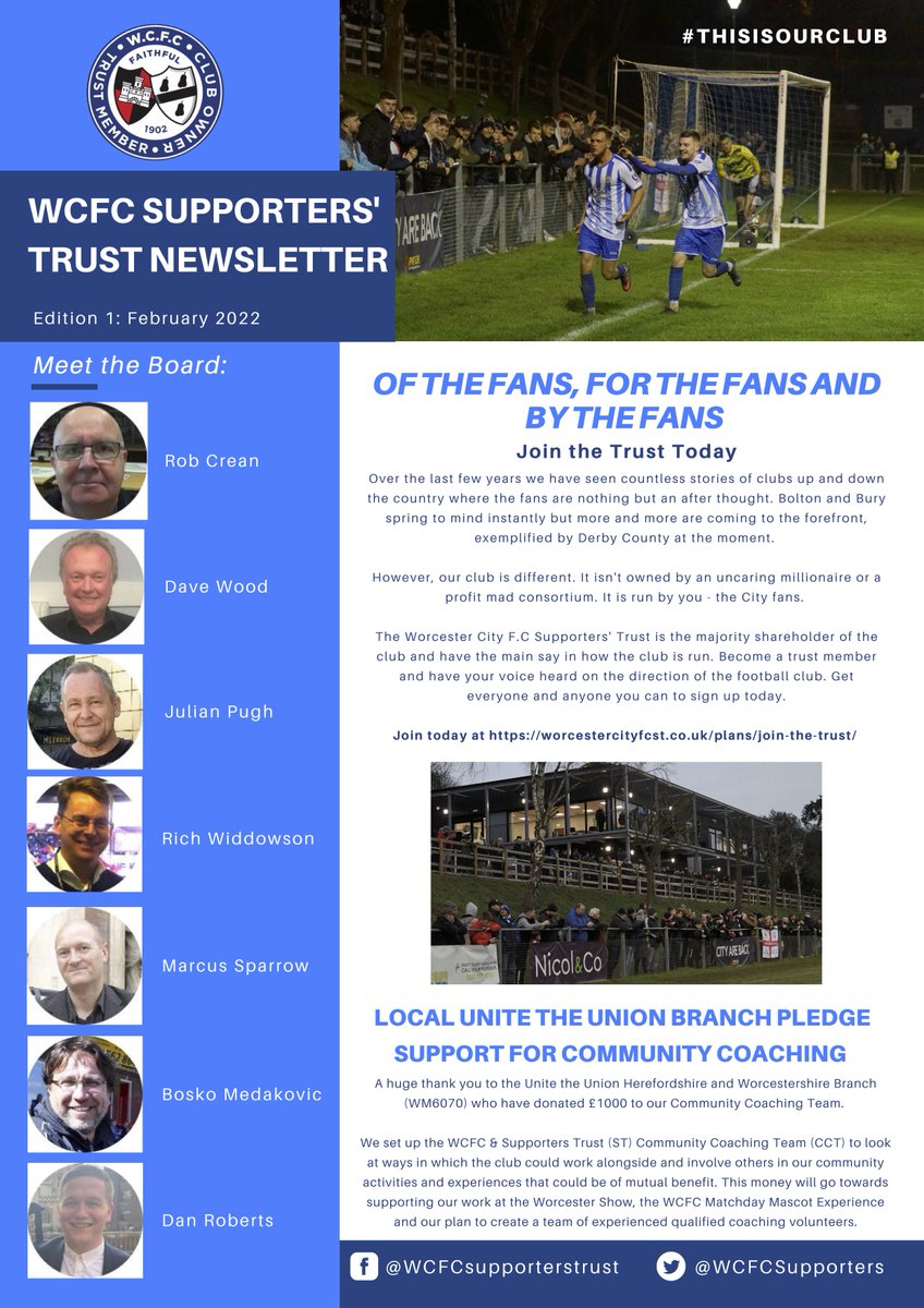 WorcesterCityFc's tweet photo. 🗞 The @WCFCSupporters Trust Newsletter - Edition 1 is available to read now!

You too can become a joint-owner of Worcester City FC - Join The Trust today: https://t.co/Z7w08C07Yy https://t.co/A5DZReWWRL