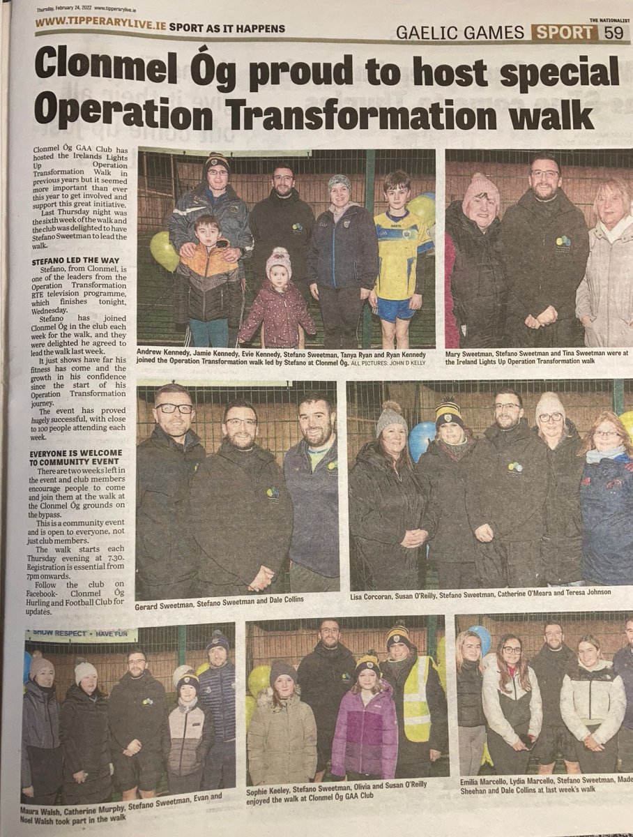clonmel_og's tweet photo. Nice article in this weeks @TheNationalist . Thanks to John D Kelly for photos. We're community based. The walk is for all. @SweetmanStefano @_hjundaj_ @NoelWalshie @OpTranRTE #operationtransformation https://t.co/uQKdnx8xGb