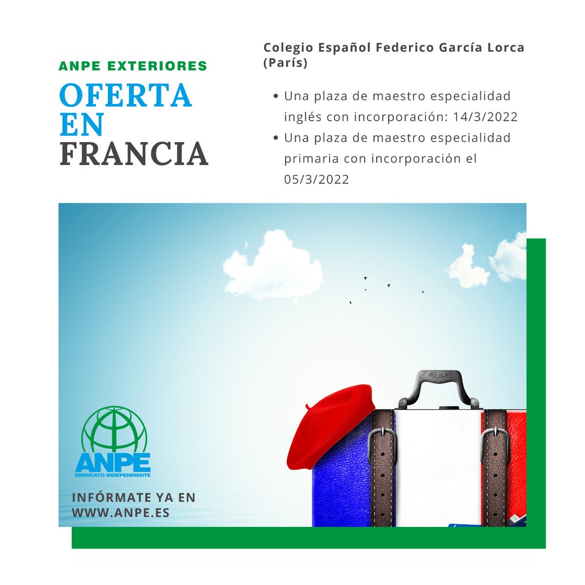 anpenacional's tweet photo. ✈️ EXTERIORES ✈️  Oferta de 2 plazas para sustituciones en Colegio Español Federico García Lorca (París)
‼️ Maestro especialidad inglés incorporación: 14/3/2022
‼️ Maestro especialidad primaria incorporación el 5/3/2022
ℹ️ Más información: https://t.co/tzmMlZxPxL
#anpecontigo https://t.co/LjNzizdCoL
