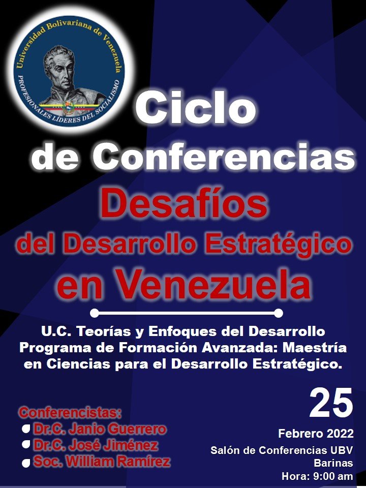 Vejeguerrillero's tweet photo. El Eje Munic. Indios Varyna Barinas invitan 

CONFERENCIA DESAFIOS DEL DESARROLLO ESTRATÉGICO EN VENEZUELA 

Un escenario de crítica reflexiva del Desarrollo Estratégico

Dr. Jairo Guerrero
Dr. José Jiménez 
Soc. William Ramírez 

VIERNES 25 DE FEB
Sala de Conferencia UBV 
09 am https://t.co/hl9l8F84lp
