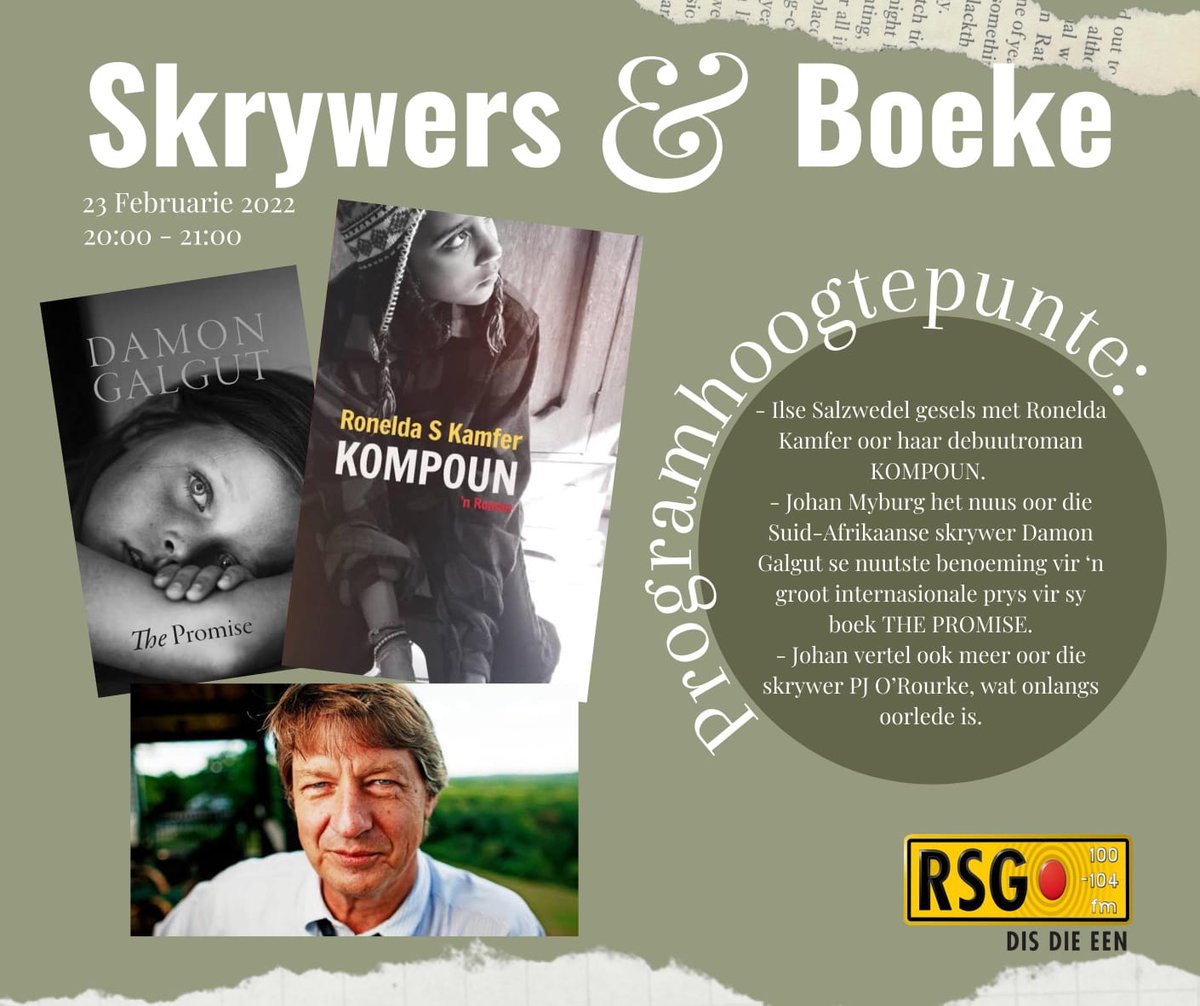 ilsesalzwedel's tweet photo. In vanaand se #SkrywersEnBoeke 20h00 op @zarsg. Moet dit nie misloop nie! #RoneldaKamfer praat oor haar aangrypende #Kompoun. https://t.co/3eRQ0QRVfz