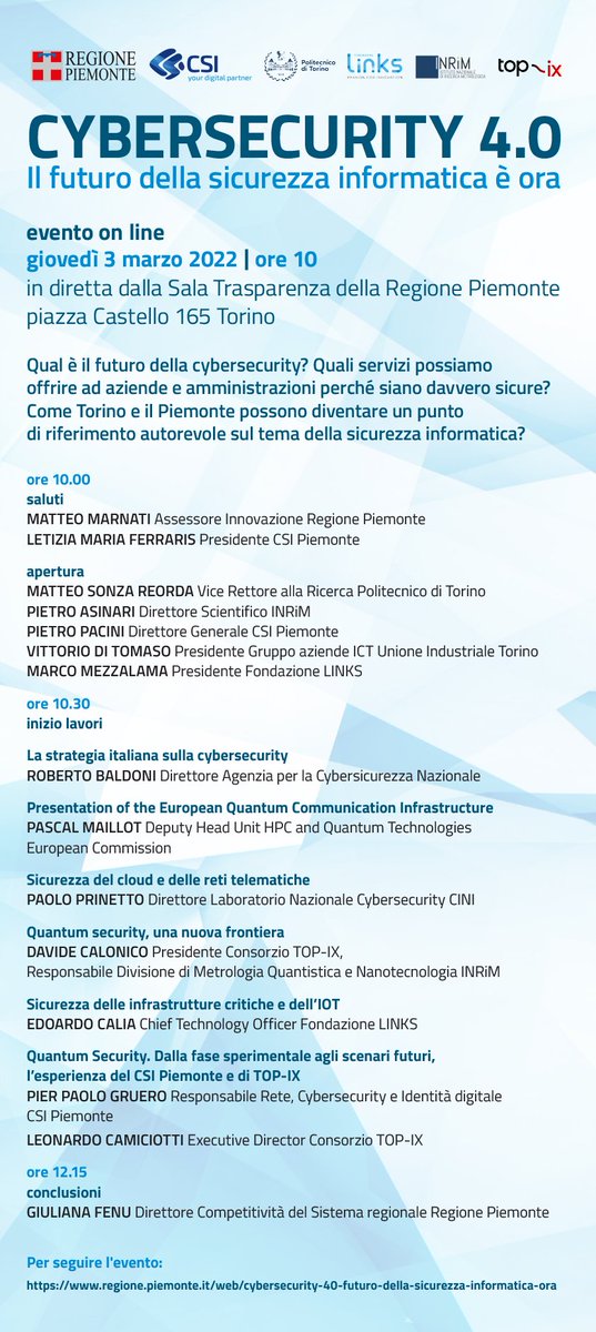 csipiemonte's tweet photo. Segnaliamo: 3 marzo ore 10 | in diretta dalla Sala Trasparenza della @regionepiemonte 
"#Cybersecurity 4.0 | Il futuro della sicurezza informatica è ora"
Per seguire i lavori: https://t.co/TwQXjeot3Z
Qui il programma ⬇ https://t.co/ksqbwvweoy