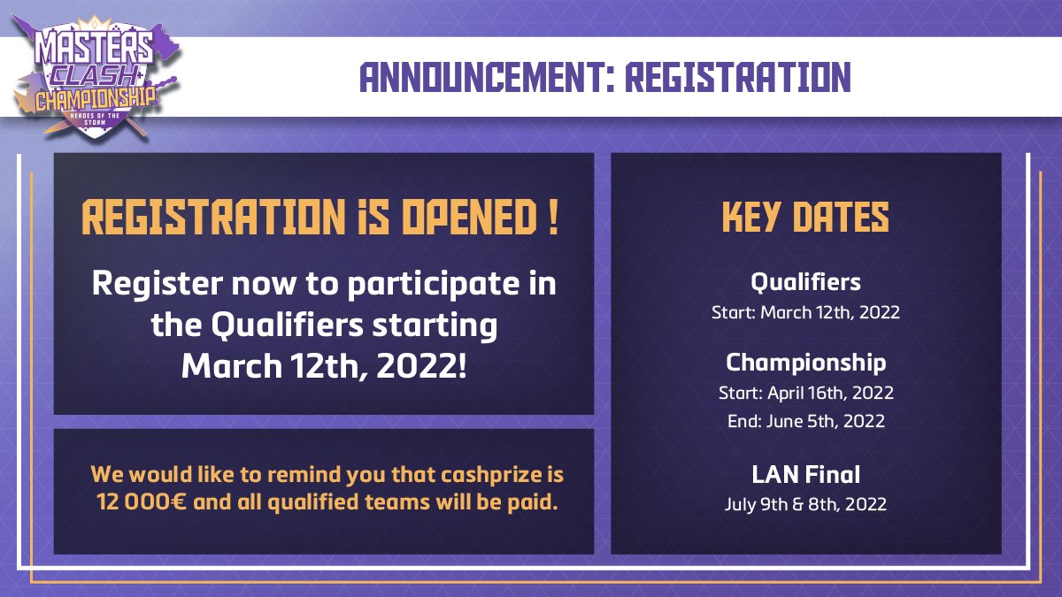 ⚡️Masters Clash Championship 2022 ⚡️#MCC

1st qualifier's registrations are open ✊
▶️play.toornament.com/fr/tournaments…

⚠️We have changed some rules, please read it carefully 
▶️docs.google.com/document/d/1MN…