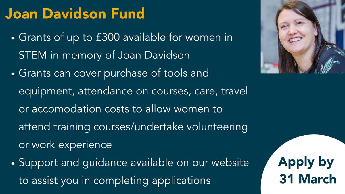 EquateScotland's tweet image. The Joan Davidson Fund has reopened!

Grants of up to £300 are available for women and students in STEM.

Criteria and guidance on completing the application are available on the website. 

For details and to apply head here: equatescotland.org.uk/the-joan-david…