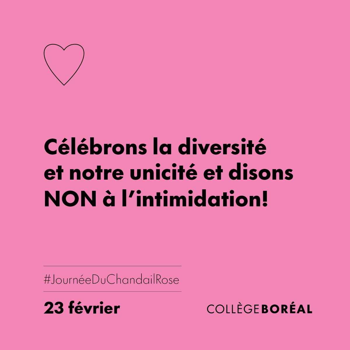 collegeboreal's tweet photo. En cette journée du Chandail rose, célébrons la diversité et notre unicité et disons NON à l'intimidation! Bâtissons un monde sans homophobie, discrimination ou intimidation. Soyons solidaires! #JourneeDuChandailRose https://t.co/t4RZHlqklg
