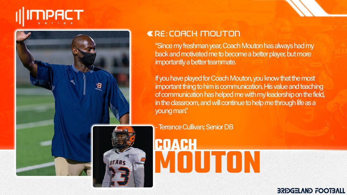 BridgelandFB's tweet photo. A coach's impact lasts a lifetime.

Thank you Coach Mouton for the impact you have on our student athletes, school &amp; community.

Drop some love &amp; show Coach your appreciation in the comments below. 👇

#WinTheDay | #txhsfb | #ImpactSeries

📷: Alex Wilder (@Kingwilderr) https://t.co/q9Prta6n5n