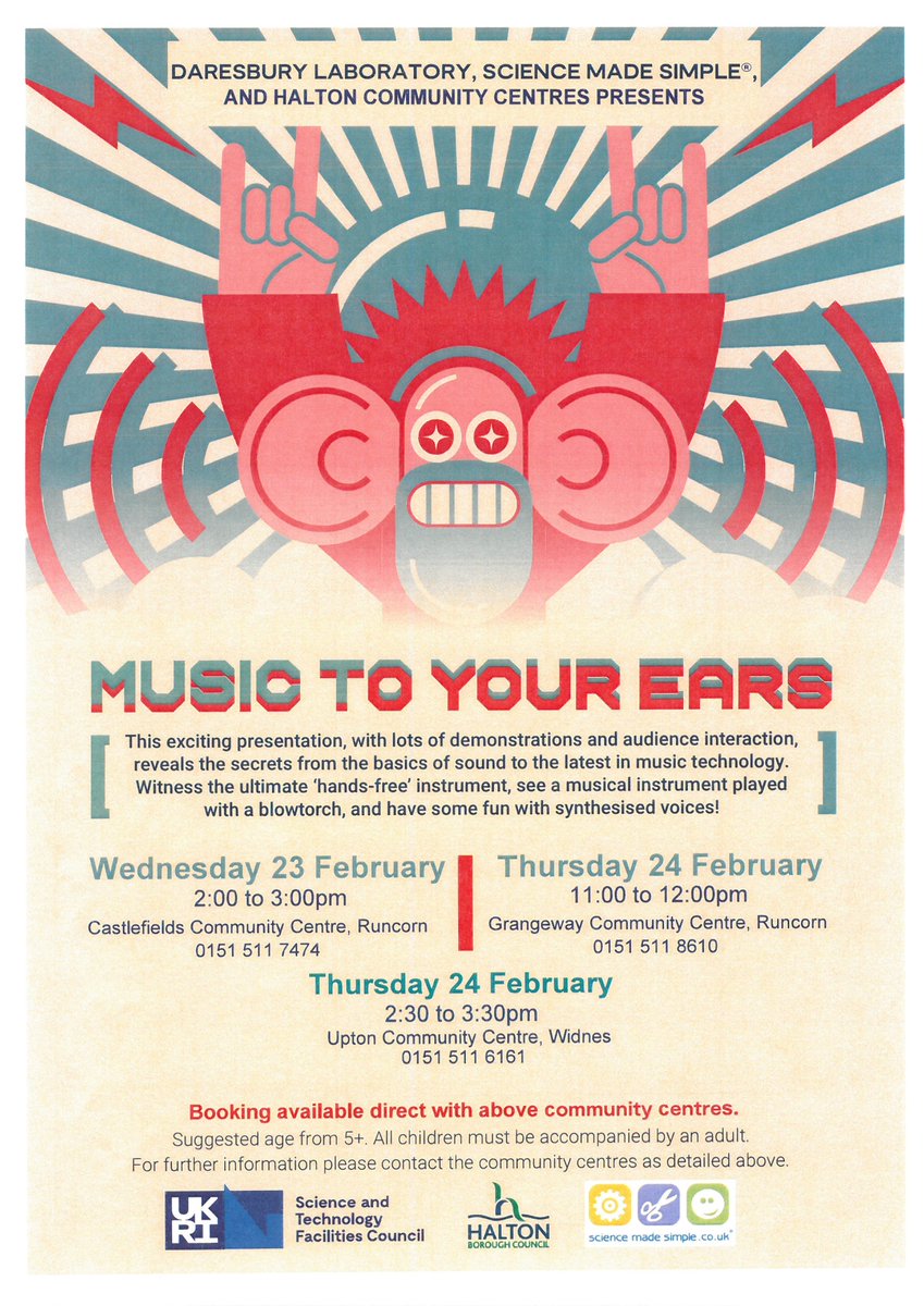 HaltonBC's tweet photo. FREE events for the musical or just curious! How do you make music from a blow torch?  From the basics of sound to the latest technology, at #Castleflelds, #Grangeway and #Upton Community Centres next week. @DaresburyLab https://t.co/9v3MCmMlra