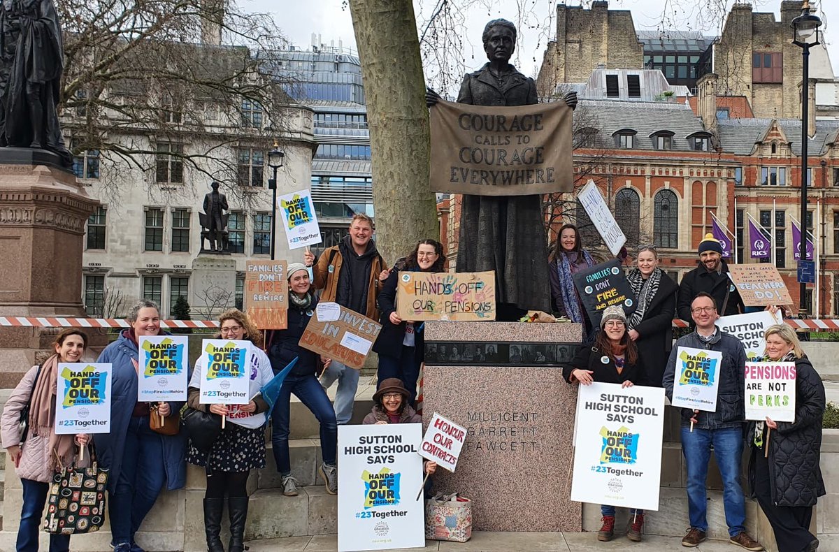 SuttonNUT's tweet image. NEU members from #Sutton High taking action today to stop pension cuts. 

The statue is of Millicent Fawcett - we're sure she would have approved.