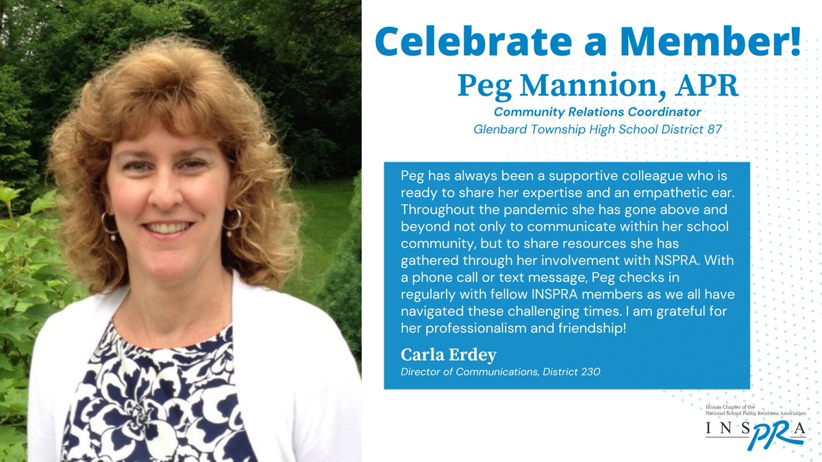 INSPRABoard's tweet photo. Join us in Celebrating Peg Mannion, APR! Peg has been a force in INSPRA and NSPRA and we are lucky to have her as our colleague! 

If you would like to nominate someone for INSPRA's Celebrate a Member, please complete this form: https://t.co/3xCOQsLYbX https://t.co/YgsCqEHq4d