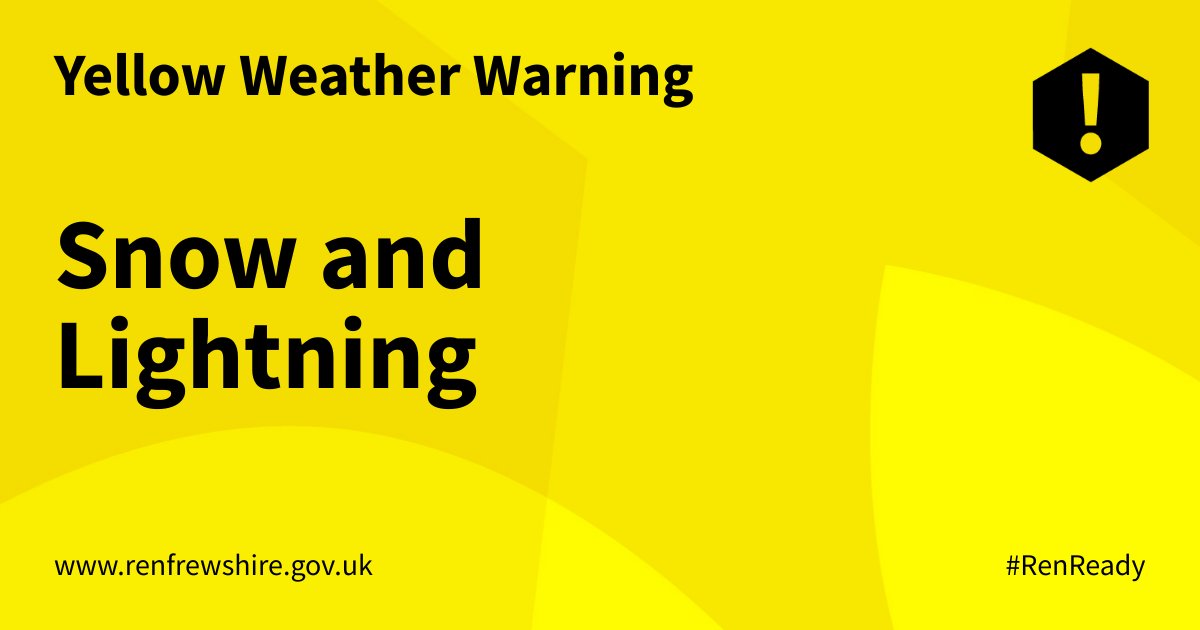 RenCouncil's tweet photo. A yellow weather warning for snow and lightning has been issued by @metofficeScot for Renfrewshire.
The warning will be in place from 5pm today (Weds 23 Feb) until 8pm tomorrow (Thurs 24 Feb).
If you're out during these times please take care and make sure you are #RenReady https://t.co/J6tufRwtya