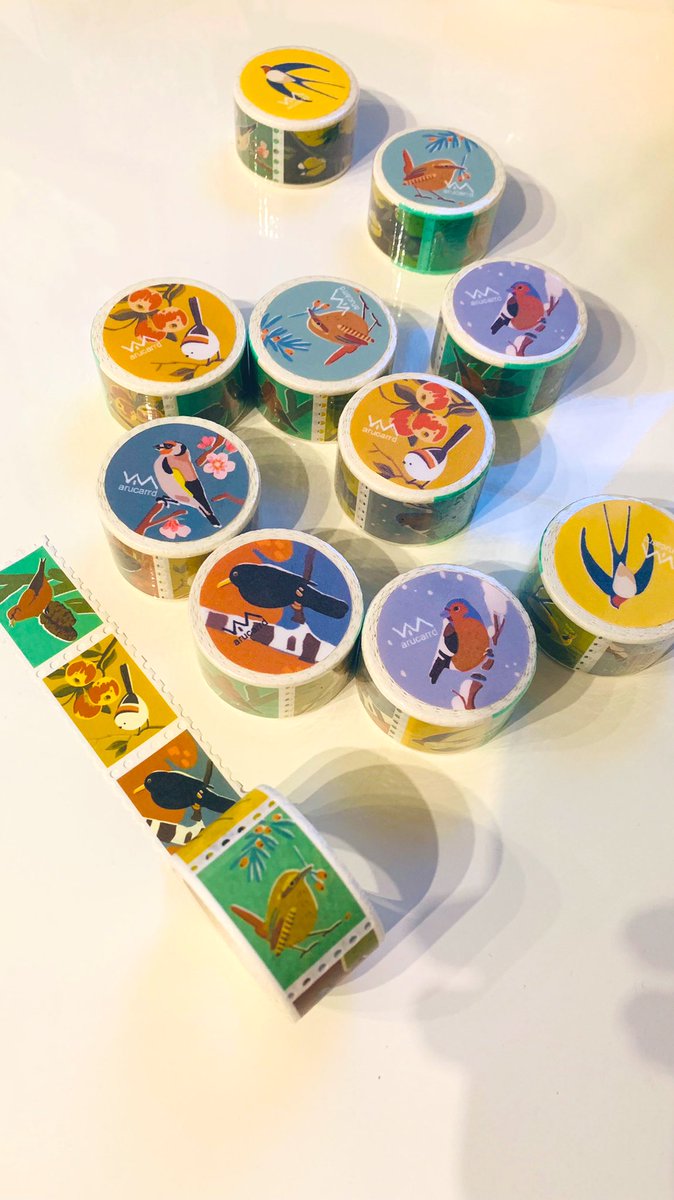 arucarrd's tweet photo. bird washi tapes ⭐️ pattern consists of ten different stamps! i was inspired by the matchbox designs 

🙌 1nd row: Longtailed Tit, Swallow, Nuthatch, Great Tit, Golden Oriole
🙌 2nd row: Blackbird, Wren, Goldfinch, Finch, Red Crossbill https://t.co/FI3PZEq5ba