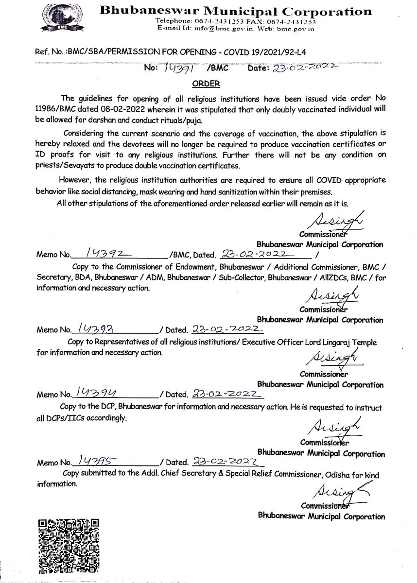 bmcbbsr's tweet photo. Announcement 📢

Henceforrth, no vaccination certificate needed for people visiting religious institutions in #Bhubaneswar (under BMC area). However, all COVID protocols shall be strictly followed for the safety of all. https://t.co/ueyoiQUtNQ