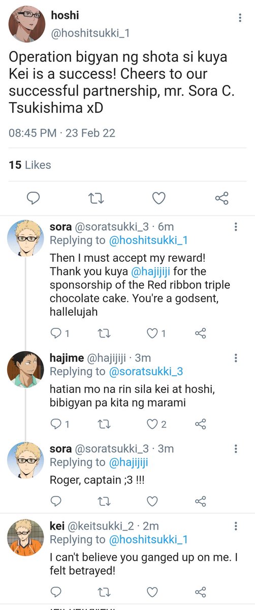 phaideihaulic's tweet photo. triumvirate love affairs
#haikyuu socmed au ft. #bkat
tsukishima triplets au where in sora has a massive crush on bokuto, akaashi has a one sided academic rivalry with hoshi and tetsu was kuya zoned by kei so the two decided to take the matter in their own hands. https://t.co/ranpD0TVEm