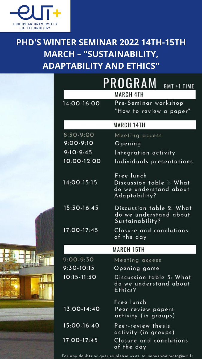 EuropUnivTech's tweet photo. As last year, a Winter Seminar will be organized for the PhD students at the universities of the EUt+ program.
This Winter Seminar will take place the 14th and 15th of March 2022 from 9 AM to 5 PM. For this reason, SAVE THE DATE in your calendars already!
#EUtPartner #EUt https://t.co/JICIXLnckK