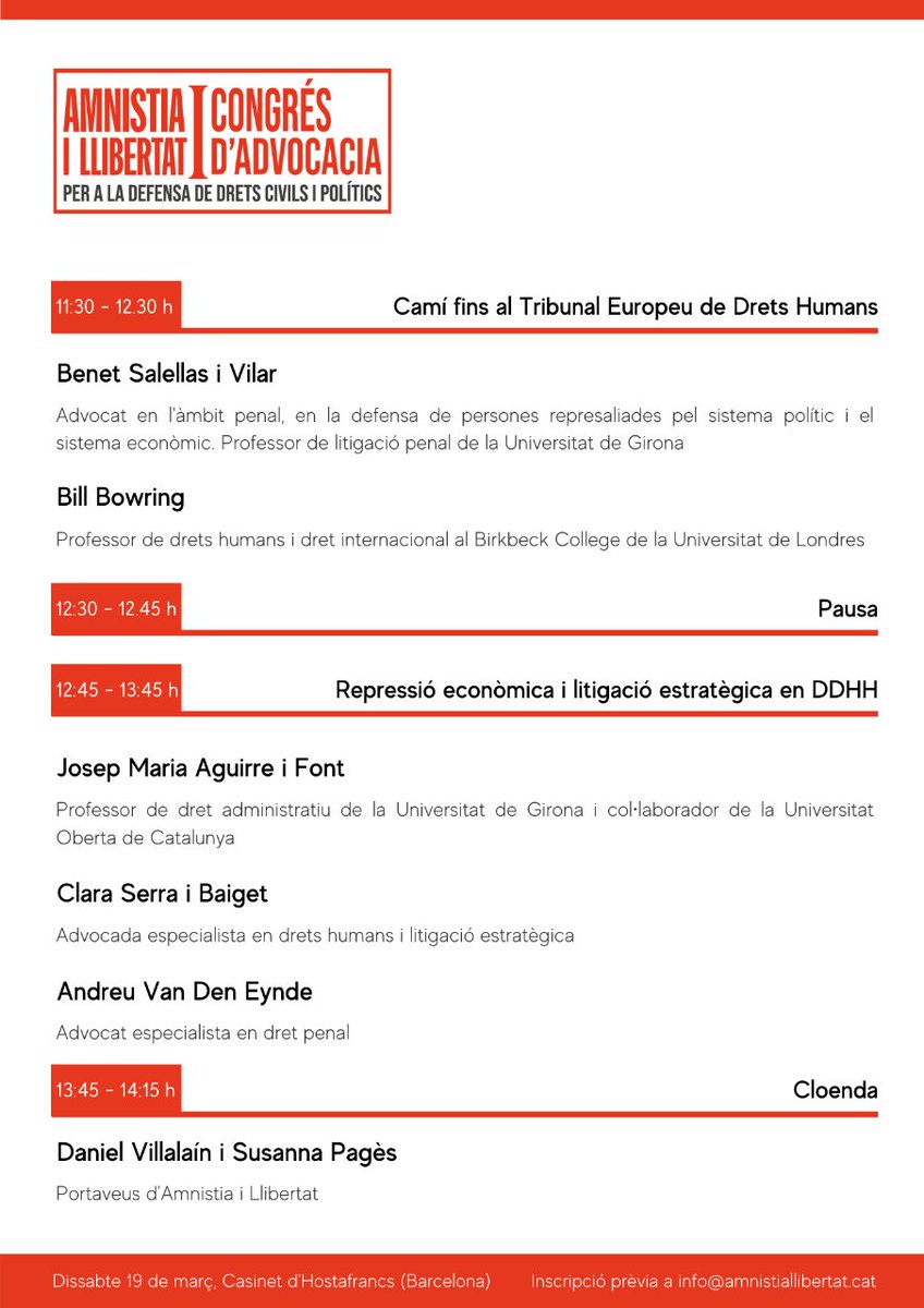 🔴El 19 de març celebrarem el I Congrés d’Advocacia per a la defensa de drets civils i polítics

🗒️ Consulteu el programa i els ponents que ens acompanyaran en la defensa de l'#Amnistia i la lluita antirepressiva

ℹ️Més informació i inscripcions: bit.ly/3vbiJiv