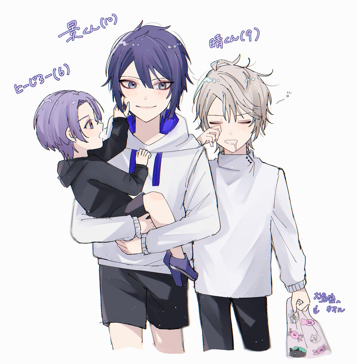multiple boys hood hoodie shorts 3boys aged down purple hair  illustration images
