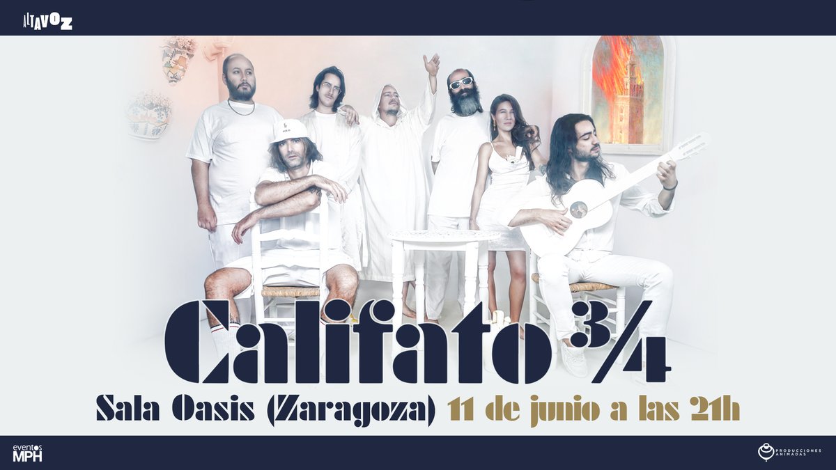 Os anunciamos que <a href="/califato_3x4/">Califato 3/4</a>  actuarán en la Sala Oasis de Zaragoza el 11 de junio. En directo su singular propuesta que reivindica la identidad y la cultura popular andaluza, mezclando palos del flamenco con electrónica. Entradas ya a la venta: entradasatualcance.com/tickets-califa…