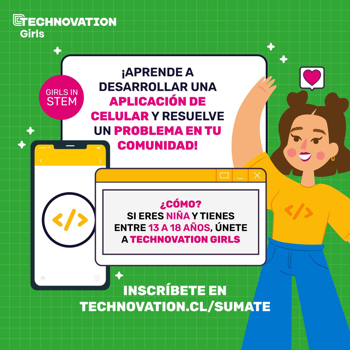 technovationcl's tweet photo. 📢Atención ¡Abrimos las inscripciones 2022! Para que niñas entre 13 y 18 aprendan #tecnología #programación e #inteligenciaartificial gratis! 

Inscribirse es súper fácil, ve a
👉🏻https://t.co/yhmZbQytuc  y rellena el formulario de alumna!👩🏻‍🎓

Ayúdanos con un re-twitt 📢🙌🏻 https://t.co/Xoz8swK0i9