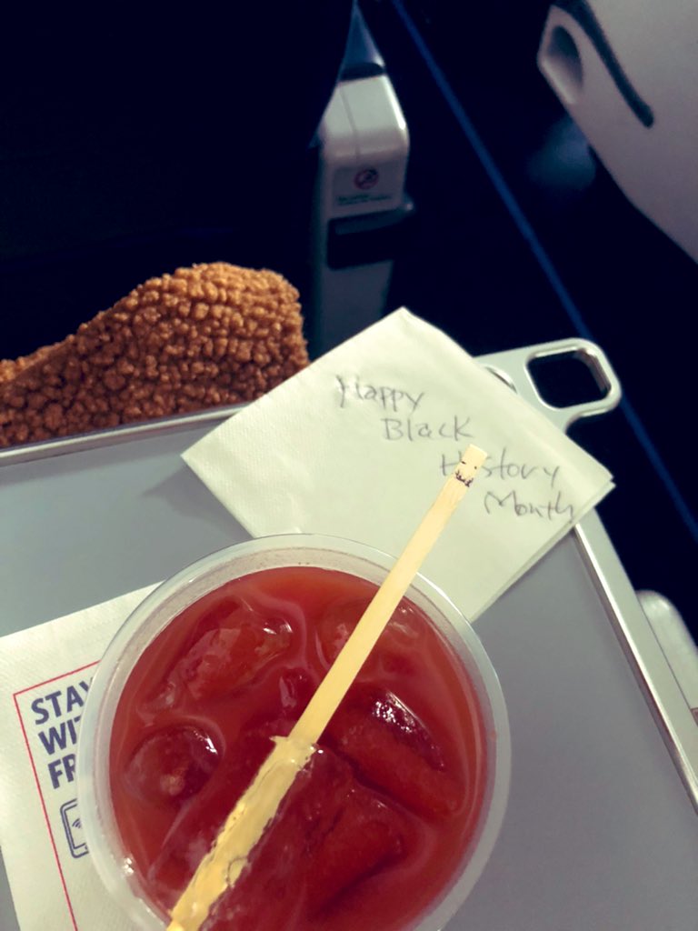 I’m the only Black person on this flight and my flight attendant just left me this with my Bloody Mary 🍹 😅
