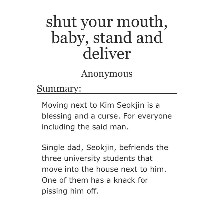 BTSDILFFEST's tweet photo. 🍀 shut your mouth, baby, stand and deliverl | ongoing | 3k

➖pairing: jungkook &amp; seokjin;
➖tags: DILF kim seokjin, university student jeon jungkook, aged-up character(s) and more;
✅no archive warnings apply.

🔗https://t.co/W9nXUBp0QH https://t.co/r8lFABw3kj