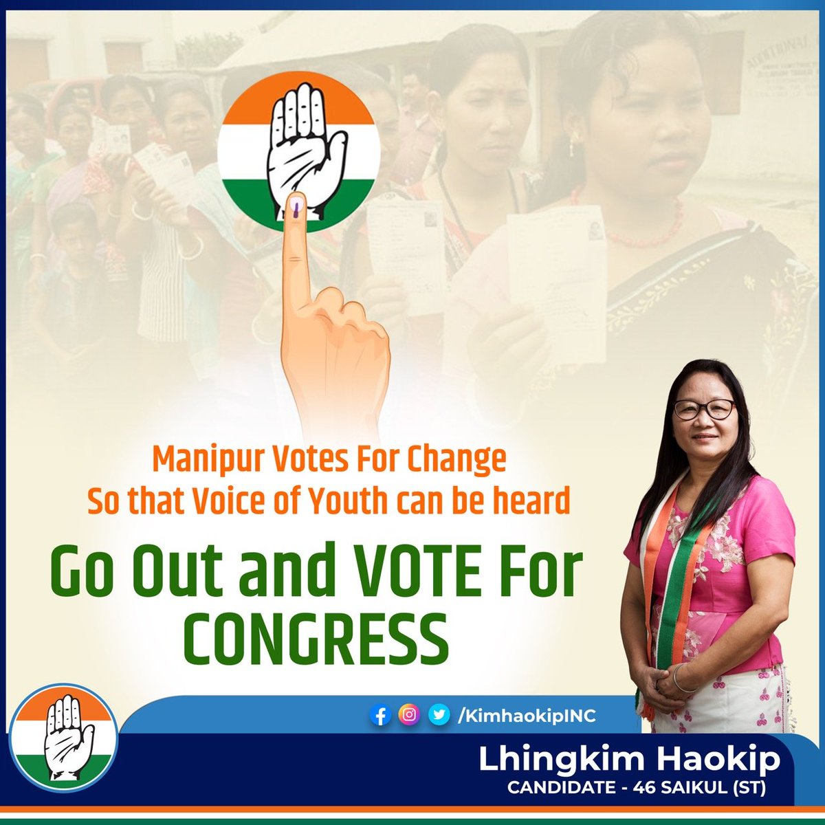 KimHaokipINC's tweet photo. Manipur Votes For Change
So that Voice of Youth can be heard
Go Out and VOTE For CONGRESS
#ManipurElection2022 #ManipurWithCongress https://t.co/m5vmdEdIBd