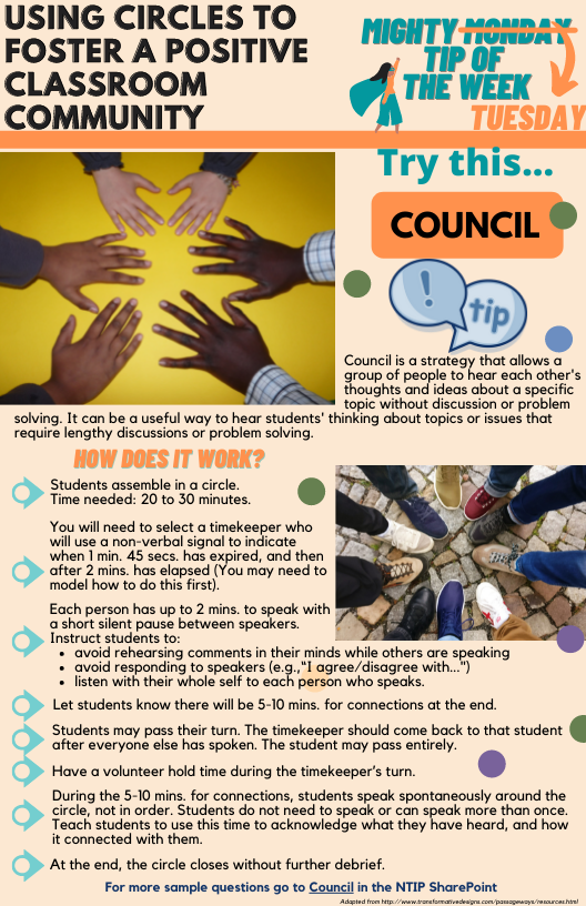 Tip of the Week is here!  Take a look at another great strategy for building a positive classroom community.  Teach your students how to show respect and empathy through active listening through COUNCIL.  For more awesome tips, visit the NTIP SharePoint bit.ly/DPNTIP