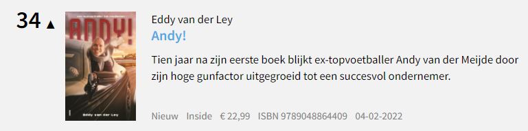 Tien jaar na zijn eerste boek blijkt ex-topvoetballer Andy van der Meijde door zijn hoge gunfactor uitgegroeid tot een succesvol ondernemer. Het boek daarover van <a href="/InsideBoeken/">Uitgeverij Inside</a> komt vandaag nieuw binnen op plek 34 van De Besteseller 60! 

debestseller60.nl