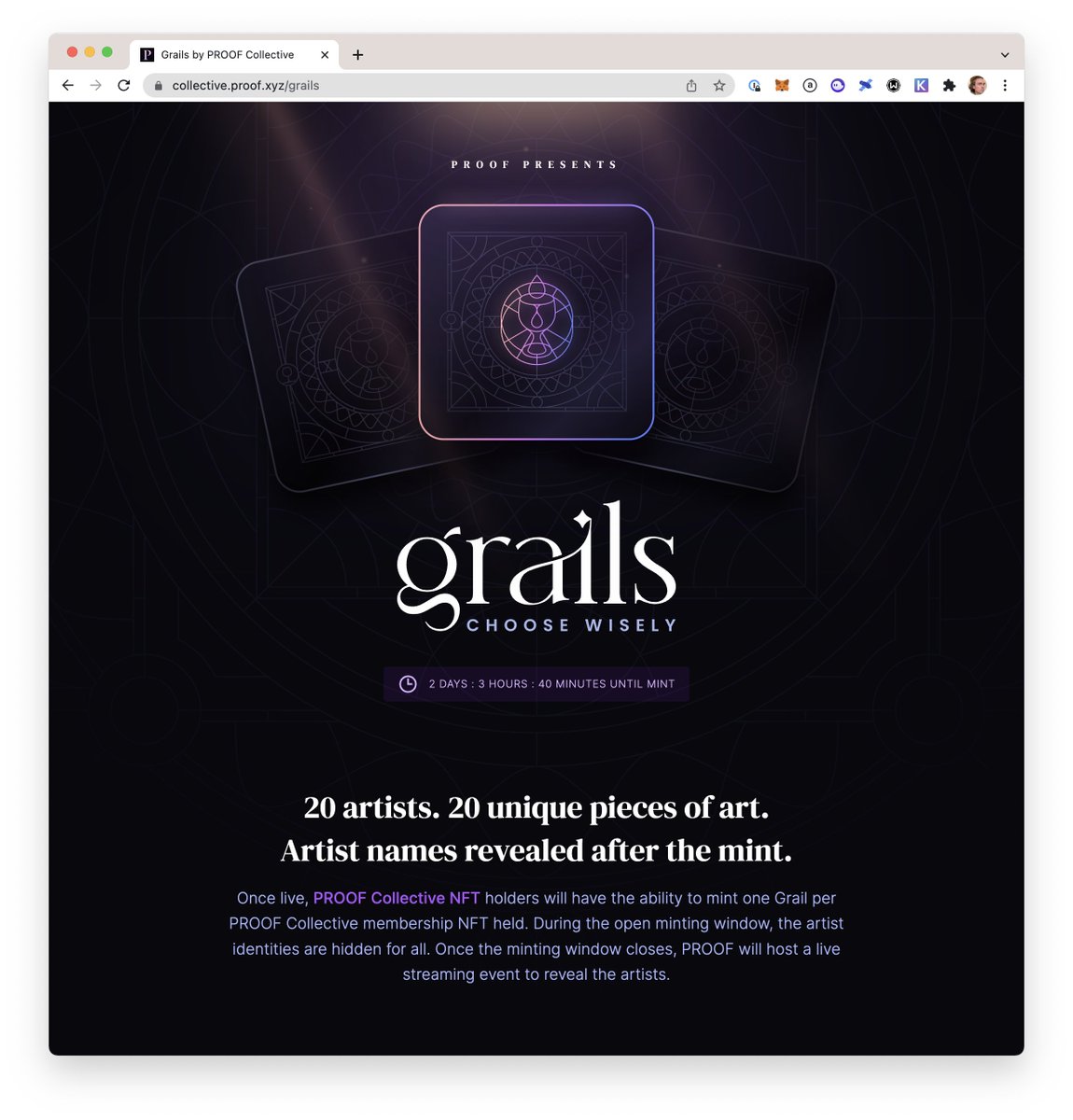🚨 PROOF Grails: Monday Feb 28th 🚨

<a href="/kevinrose/">Kevin Rose</a> and I will be live-streaming as we reveal the artists!

youtube.com/channel/UCOaX0…

Project info: collective.proof.xyz/grails
