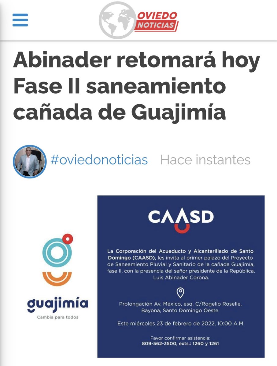 RicardoOviedoL's tweet photo. Abinader retomará hoy Fase II saneamiento cañada de Guajimía
👇👇
https://t.co/ipG23s7n2E
☝☝
@caasdrd @FellitoSubervi @luisabinader #caasdrd #OviedoNoticias https://t.co/MZ0tWcqf2F