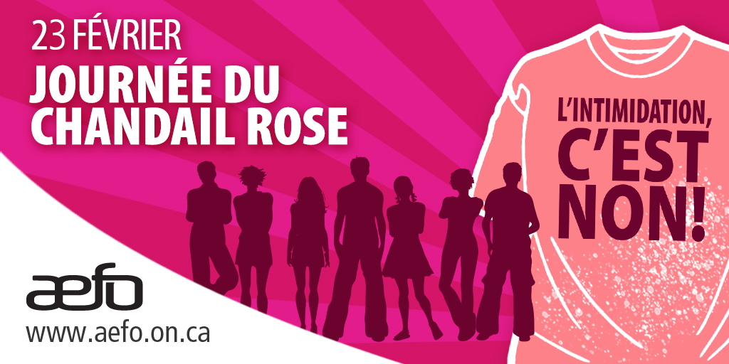 AEFO_ON_CA's tweet photo. Respect. Dignité. Gentillesse. Le 23 février, prenez position contre la #cyberintimidation et montrez votre soutien.
#Journéeduchandailrose #nonalintimidation https://t.co/gkf5qxfQpg